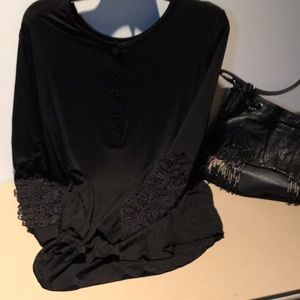 Women’s Henley Crochet Arms Top Black
